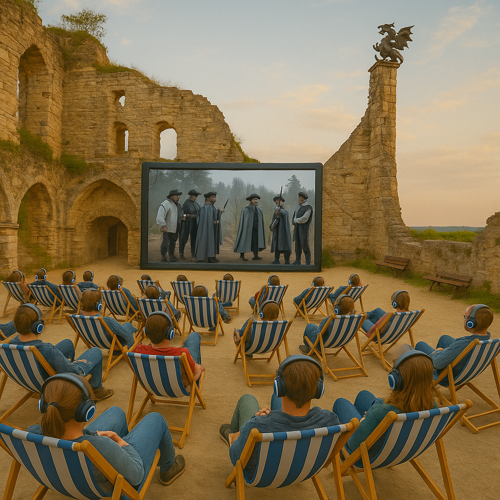 AI afbeelding van mensen op de Kasteelruïne in Valkenburg met koptelefoons op zittende in strandstoel kijkende naar een film