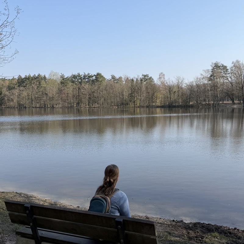 Vrouw zit op een bankje langs een rustig meer bij het Schinveldse bos.