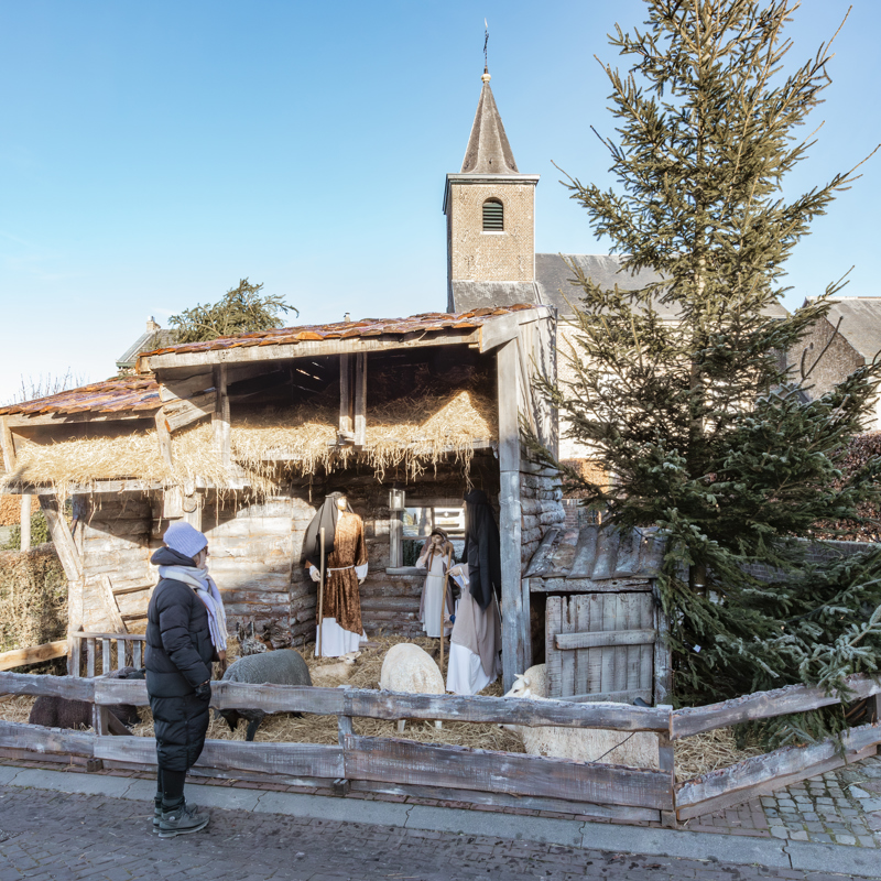 Persoon kijkend naar Kerststal 