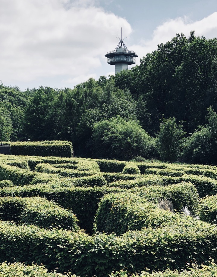 Doolhof Drielandenpunt met uitkijktoren op de achtergrond