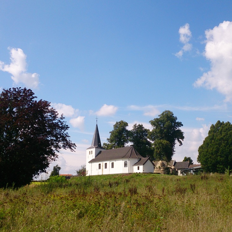 Het witte Clemenskerkje in Brunssum, vanuit de weide er omheen gefotografeerd