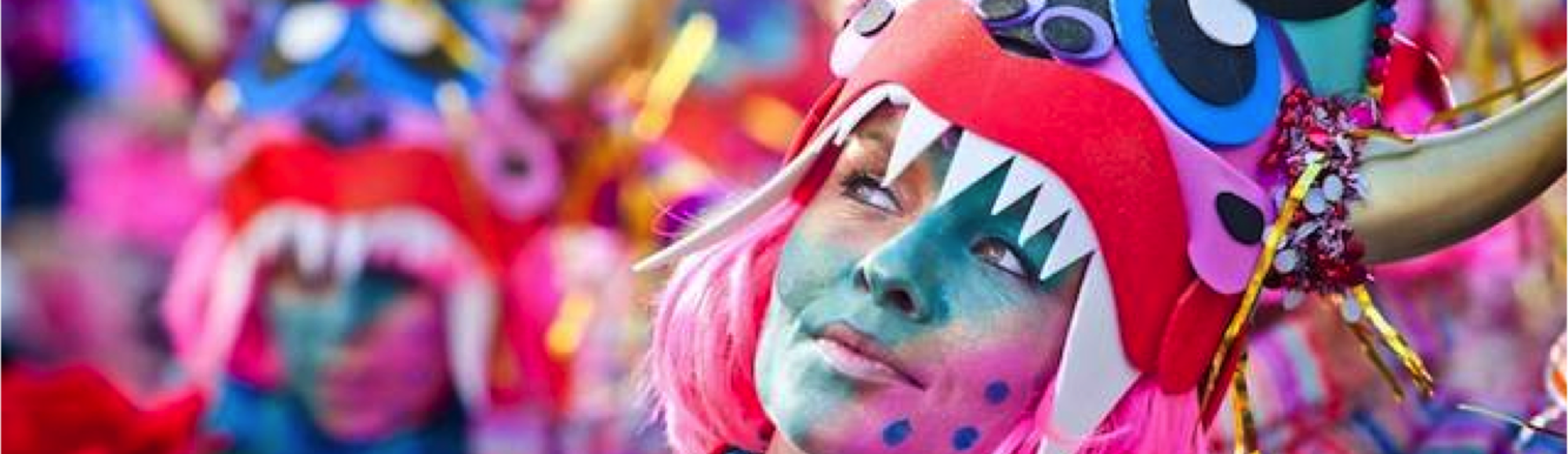 Vrouw in roze-blauwe tinten bij de Carnavalsoptocht in Heerlen 