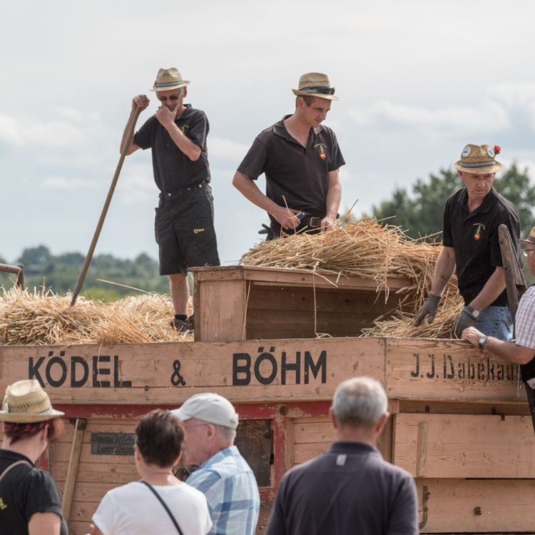 Inwoners van Voerendal vieren samen het oogstdankfeest met boeren op een kar