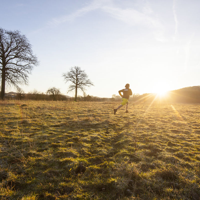 Een mannelijke jogger loopt hard over de heide met een laagstaand zonnetje op de achtergrond