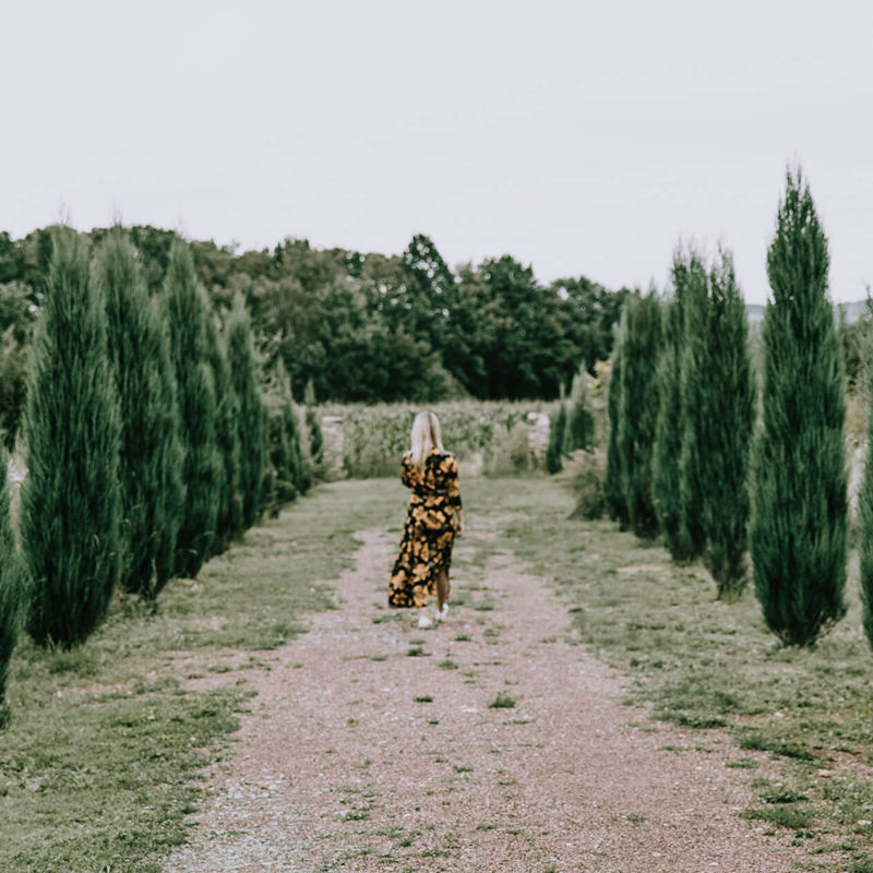 Villa De Proosdij vrouw loopt in tuin met heggen
