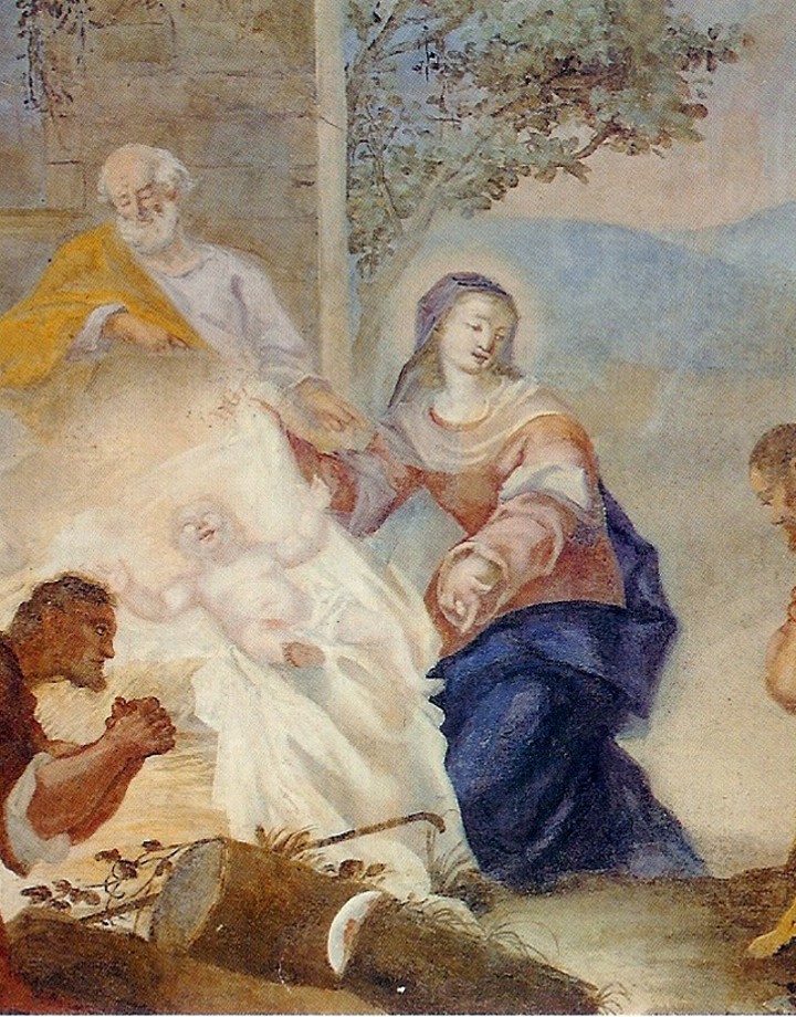 Fresco van kind op wit doek met daar omheen biddende mensen