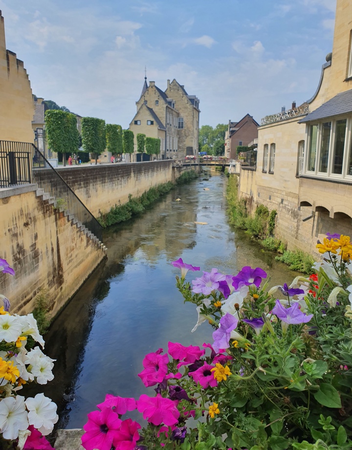 Beeld vanaf brug met bloemen bij Geulpoort over de Geul met op achtergrond Kasteel Den Halder