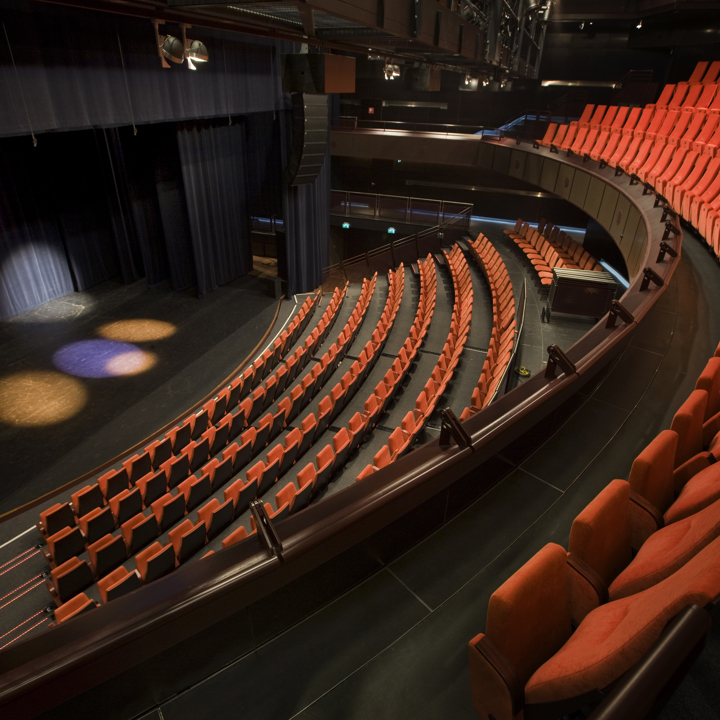 Een leeg theater met rijen rode pluche stoelen