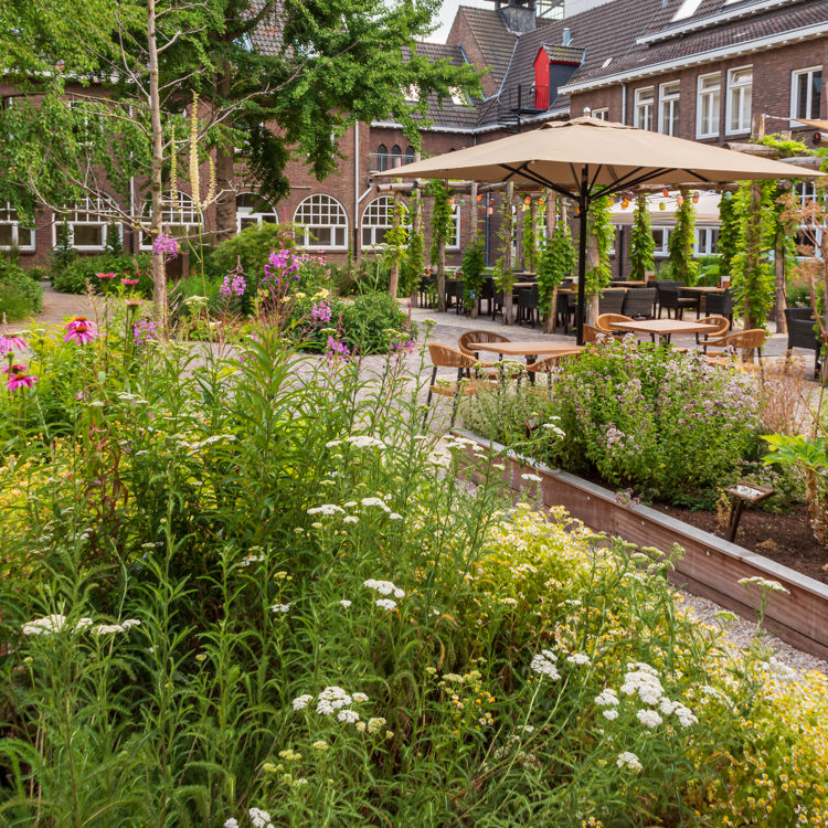 Tuin van de Luciushof met het terras van De Twee Gezusters en zicht op het Savelbergklooster in Heerlen