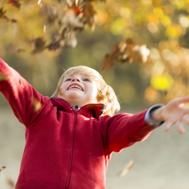 Een jongetje gooit herfstbladeren in de lucht