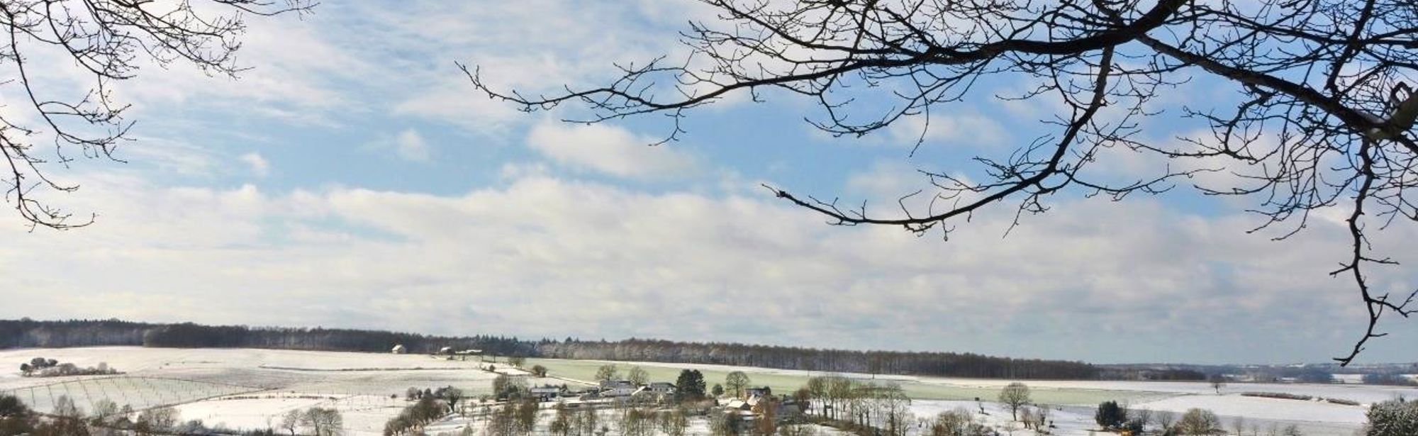 Een winters panorama over een paar huizen en uitgestrekte velden