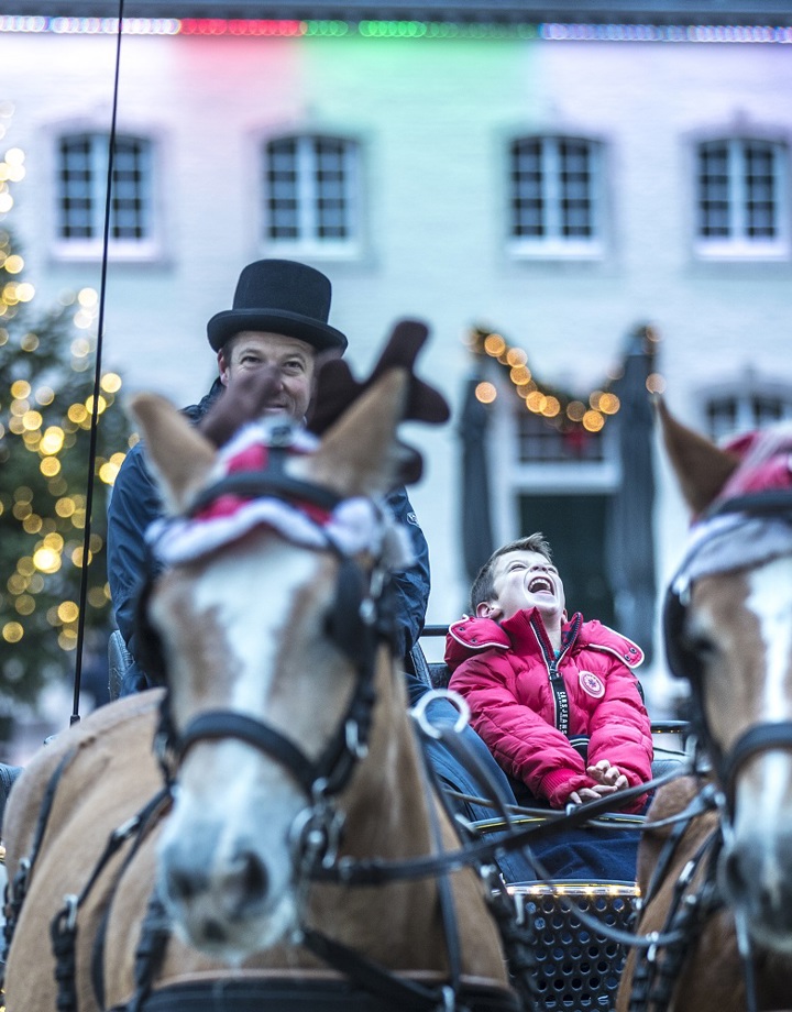 Man met hoge hoed bestuurt koets met 2 bruine paarden