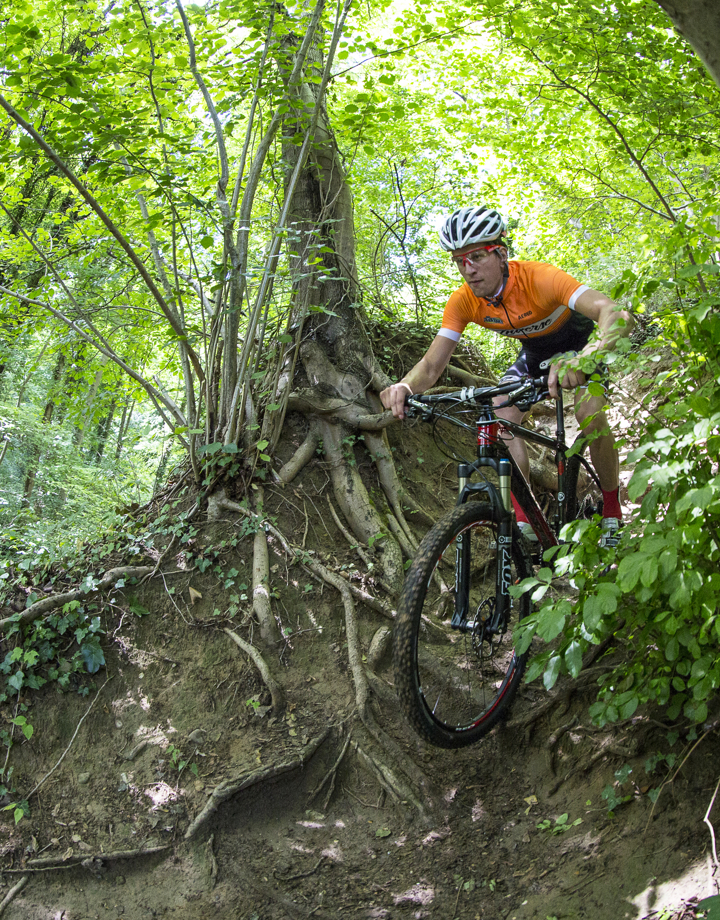 Man met oranje shirt is aan het mountainbiken in het groene bos