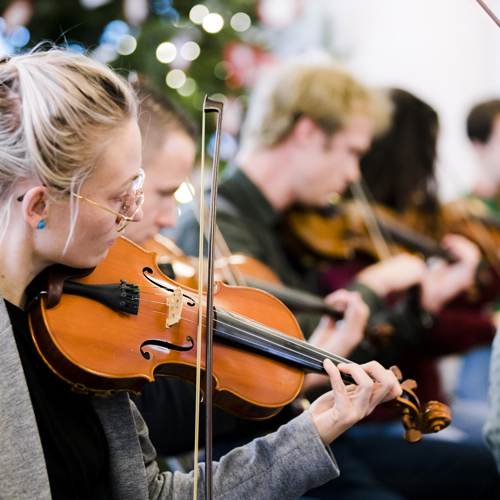 Vioolorkest spelend op hun violen 