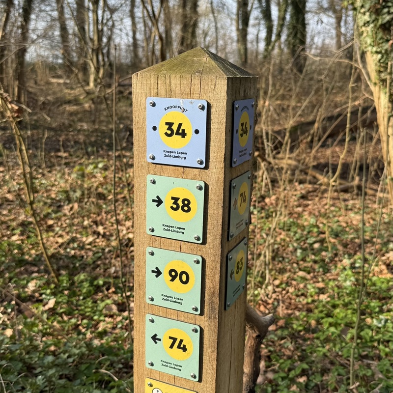 Close-up van een houten knooppuntenpaal in de natuur. 