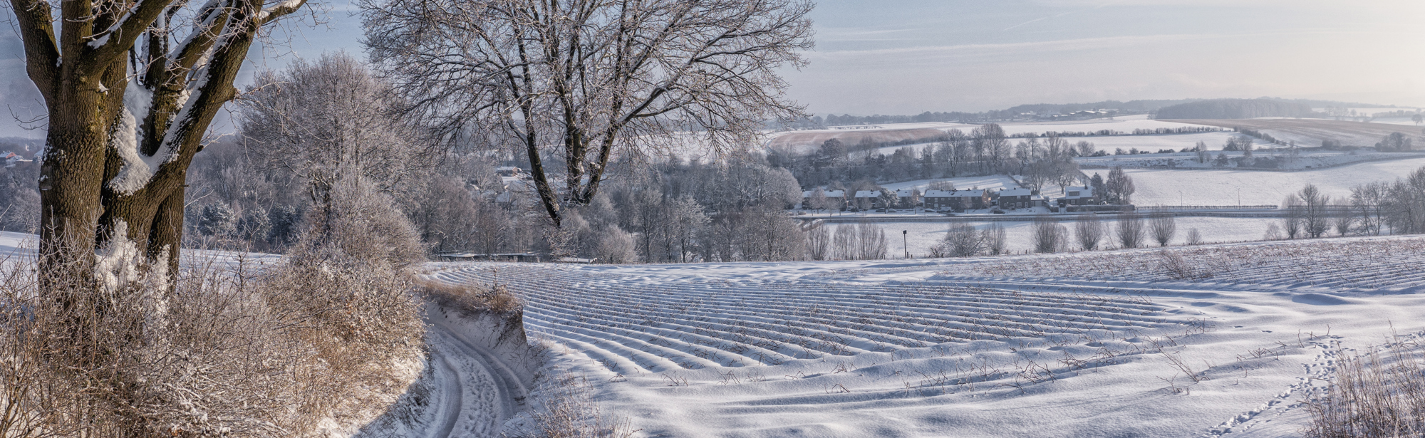 Panoramafoto van een besneeuwd landschap en uitkijkend over de heuvels. 