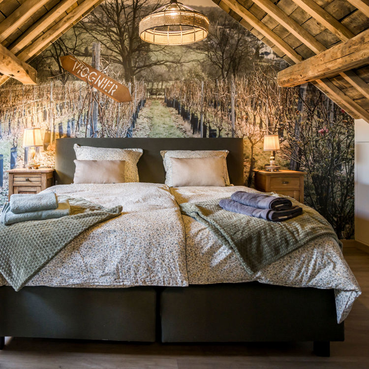 Slaapkamer van wijnstekje D'Hunes in Sint Geertruid met een opgemaakt bed en houten plafond