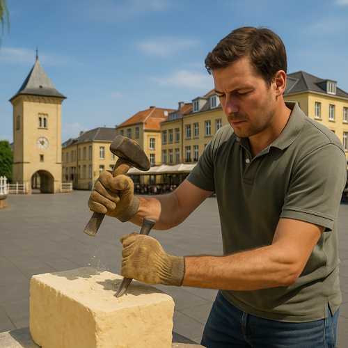 AI gegenereerde afbeelding van een mergelcarver met polo op het Th. Dorrenplein in Valkenburg